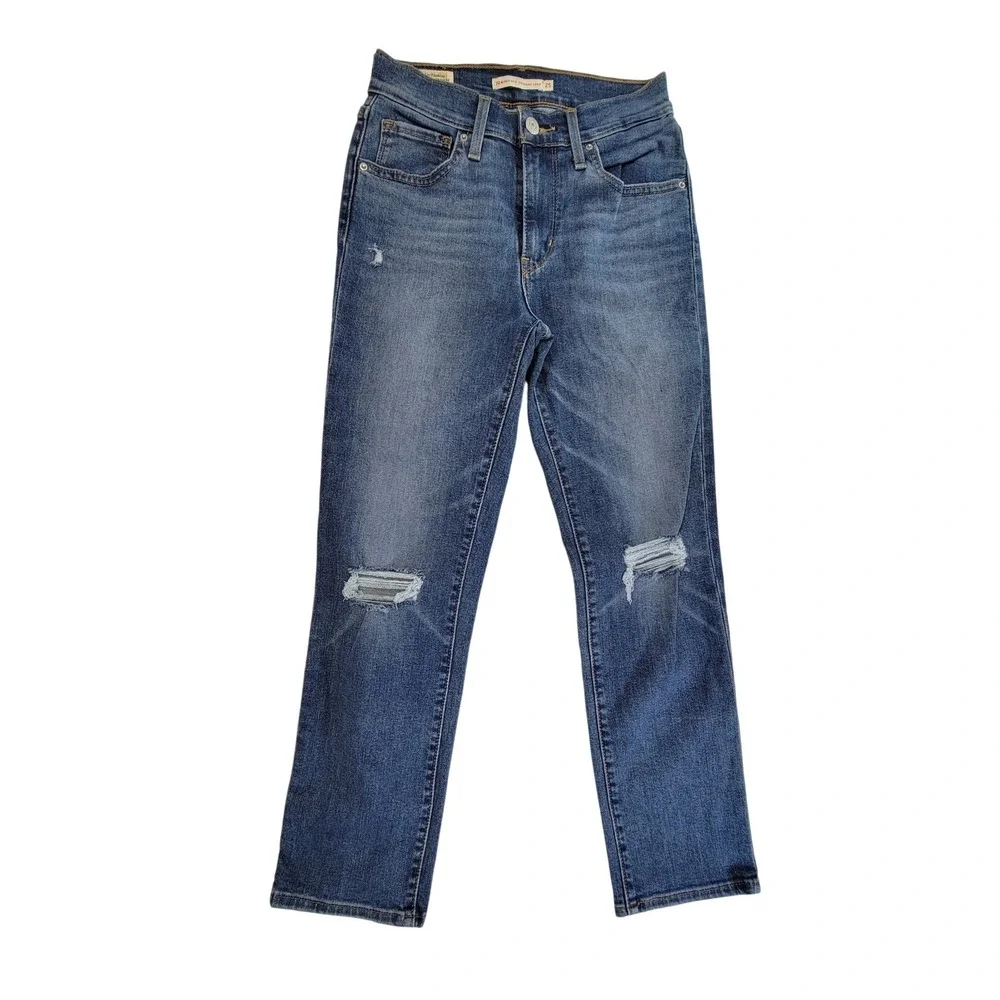 Levi's Premium Women's Jeans 25 High Rise Straight Crop Distressed Medium Wash